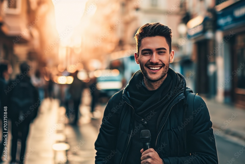 Reporter on a city street during work. Portrait of a smiling man with a microphone in his hand. AI generative Reporter on a city street during work. Portrait of a smiling man with a microphone in his hand. AI generative