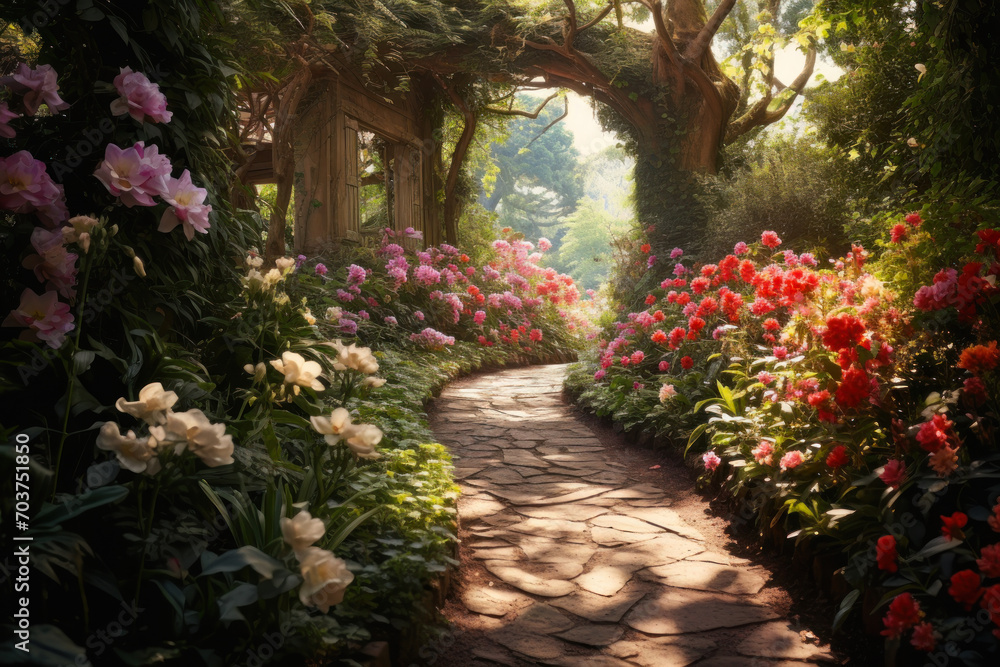 Enchanted Flower Arch Pathway in Garden. Enchanted Flower Arch Pathway in Garden.