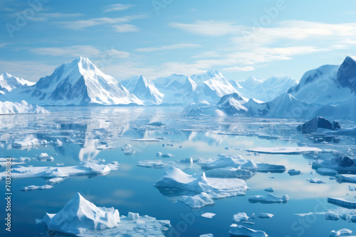 Arctic Landscape with Icebergs and Mountains.