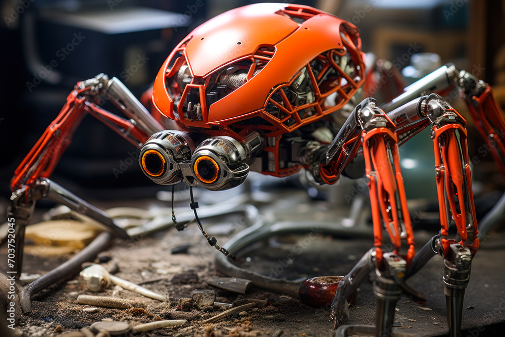 Futuristic Spider Robot in a Workshop.