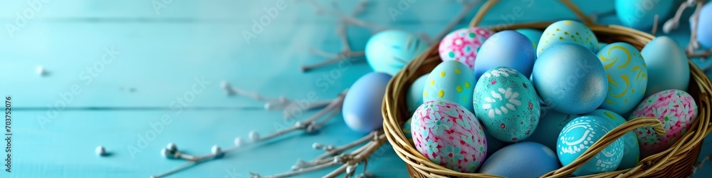 easter eggs inside a plastic basket on a blue background