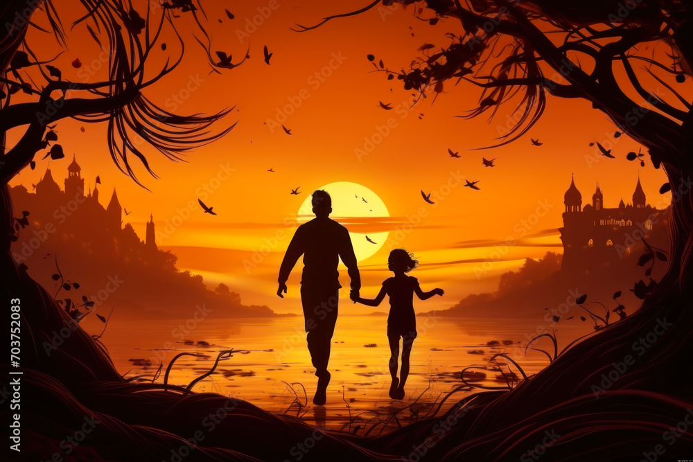 Father and Child Walking in a Fantasy Sunset Landscape.
