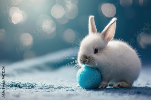 small white rabbit playing with a blue ball