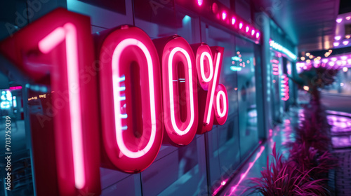 Huge neon sign 100 percent. Glowing sale light advertising. Theme of discount and commerce