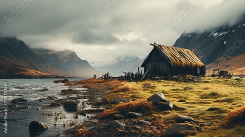 Photographie Thatched roof hut by a lake in the mountains