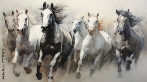 Illustration paintings seven horses of successful unique wall paintings photo