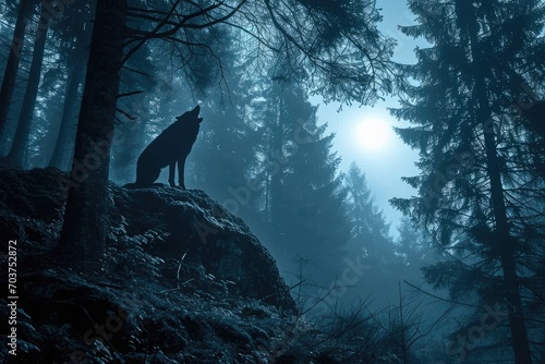 werewolf howling at the moon in a forest howling wolf