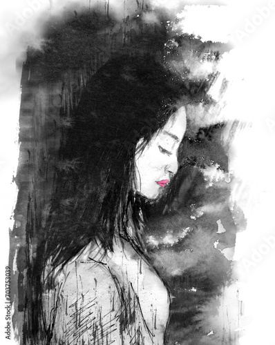 portrait watercolor painting black and white sad woman.