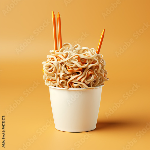 Creative Concept of Instant noodle Chopped with chopsticks form white plastic cup, twist or swirl shape