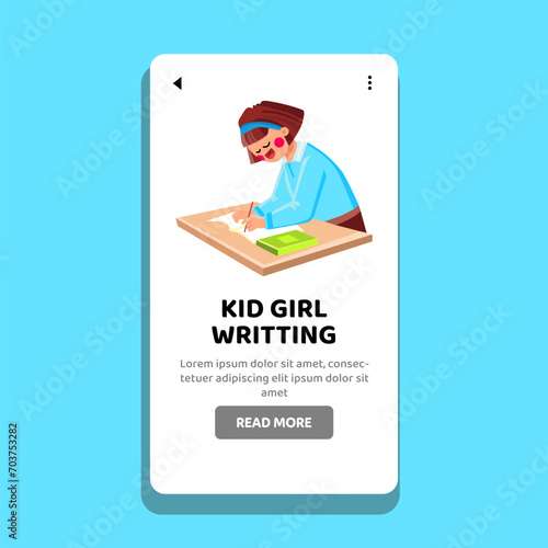 book kid girl writing vector. child student, study happy, pen cute book kid girl writing web flat cartoon illustration