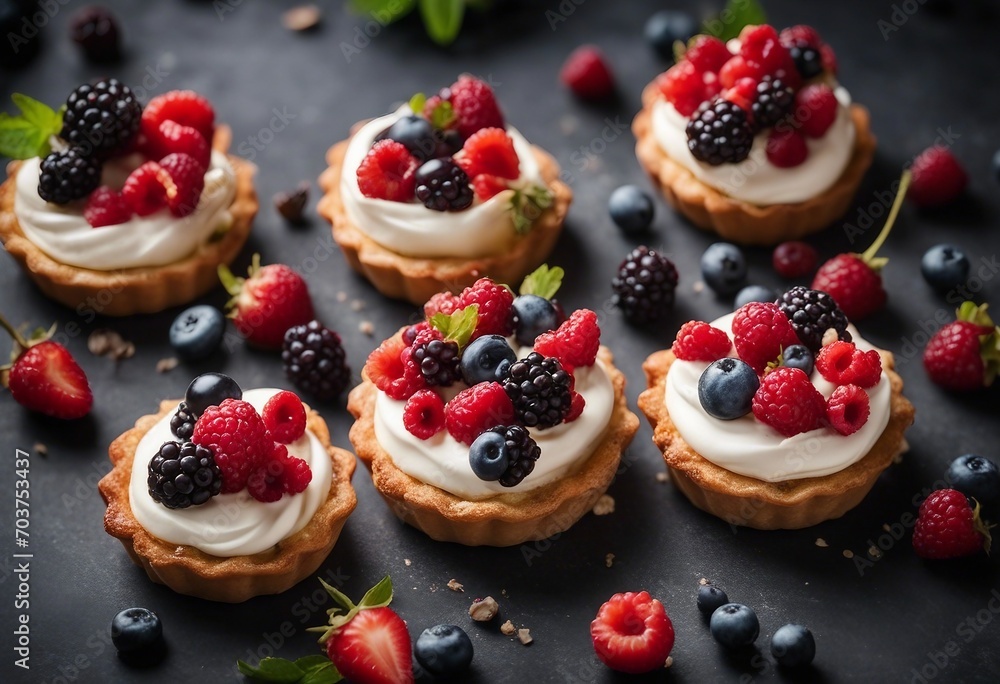 Tasty berry tartlets or cake with cream cheese and different berries around Pastry dessert top view Tasty berry tartlets or cake with cream cheese and different berries around Pastry dessert top view