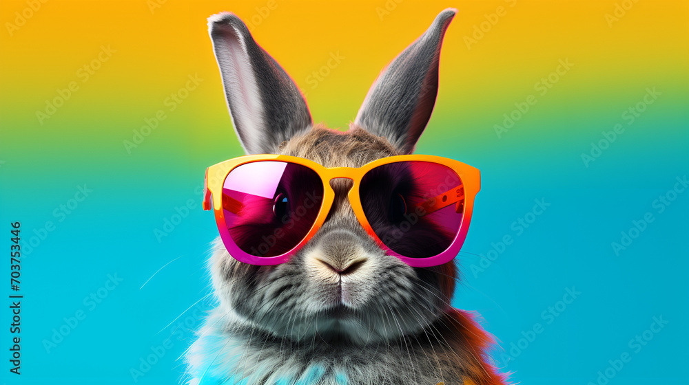 Cool Easter bunny with sunglasses on colorful background. Easter Bunny in Sunglasses on Bright Background