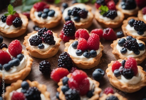 Tasty berry tartlets or cake with cream cheese and different berries around Pastry dessert top view photo