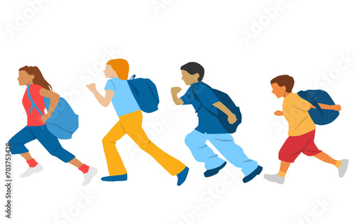  Set of teenagers running with backpacks, different colors, cartoon character, group of silhouettes of running young people, students, design concept of flat icon, isolated on white background © Galina