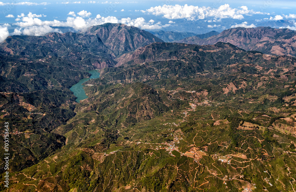 Naklejka premium San José province, Costa Rica, Central America - Hydro Dam on Pirris River, hills of El Pito Mountains, San Carlos district of Tarrazu Canton