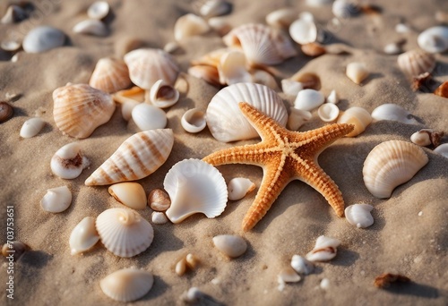 Top view of a sandy beach with collection of seashells and starfish as natural textured background