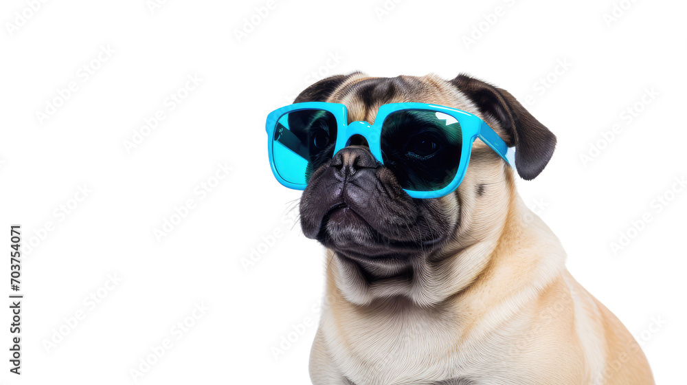Pug wearing cool sunglasses in summer on a transparent background (PNG)