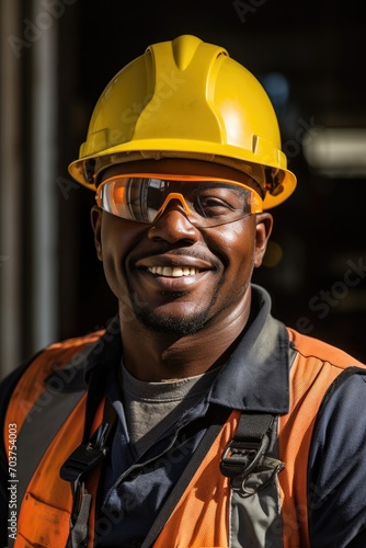 Professional smiling construction worker wearing safety uniform