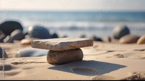 Natural stone and concrete podium in summer beach background for Empty show for packaging product presentation. Background for cosmetic products, Mock up the pedestal photo