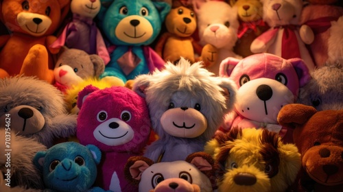 Many different colored stuffed animal toys are shown together. Generative AI.