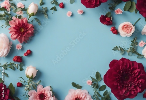 Wedding flower frame on blue background from above Beautiful floral pattern Flat lay style