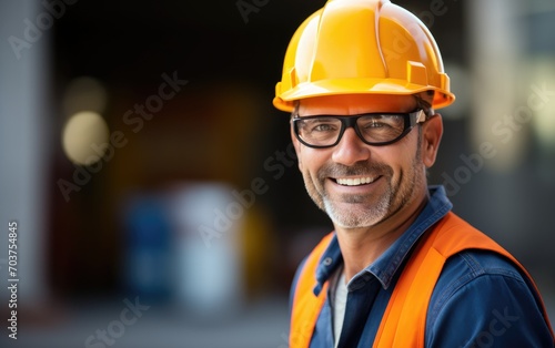 Professional smiling construction worker wearing safety uniform