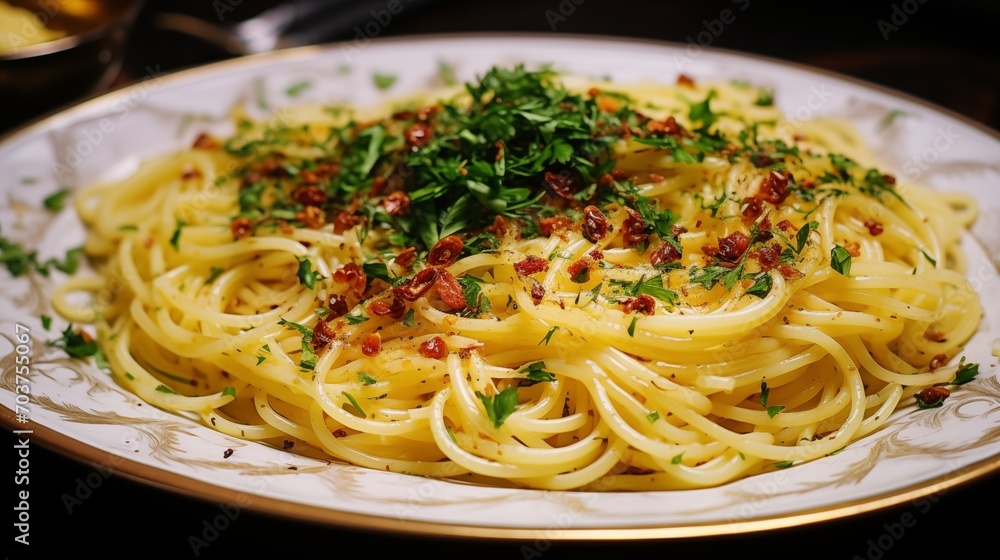 A plate of spaghetti aglio e olio with chili flakes