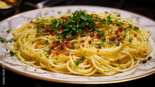 A plate of spaghetti aglio e olio with chili flakes