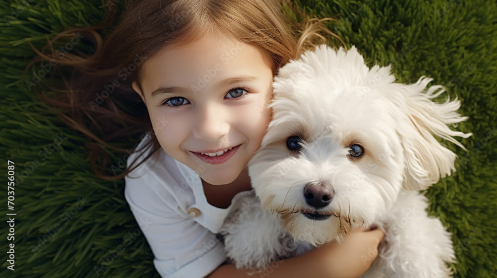 Beautiful baby girl with dog on green lawn Beautiful baby girl with dog on green lawn
