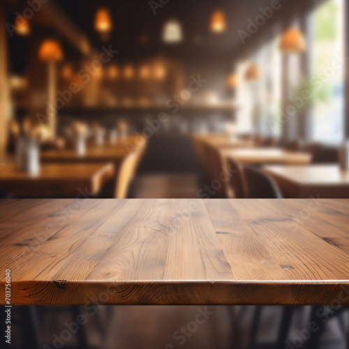 Rustic wooden table in a blurred restaurant background