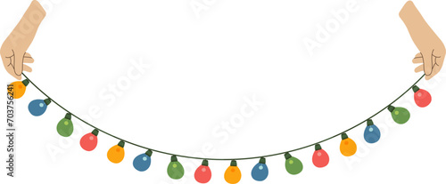 Hands holding Christmas colorful lights isolated on white background. Garlands for decoration. Glowing light bulb for Christmas cards, banners, posters, web. Vector illustration.