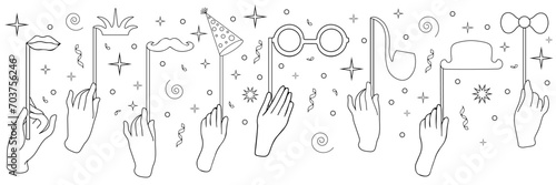 Doodle style vector illustration of male and female hands holding photo props for party, birthday celebration. Mustache, crown, lips, glasses, hat, bow on sticks.