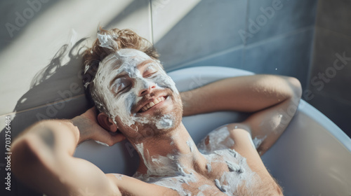Young smiling man with facial mask lying in bath in bathroom with sunny light relaxing at home. Concept of health, relax, self care and me time photo