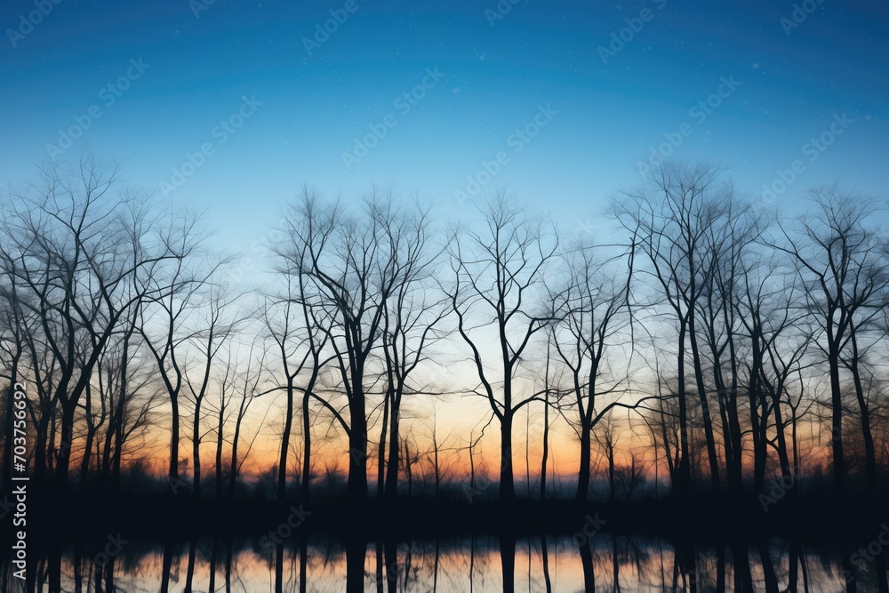 stark winter trees silhouetted against a moonlit lake