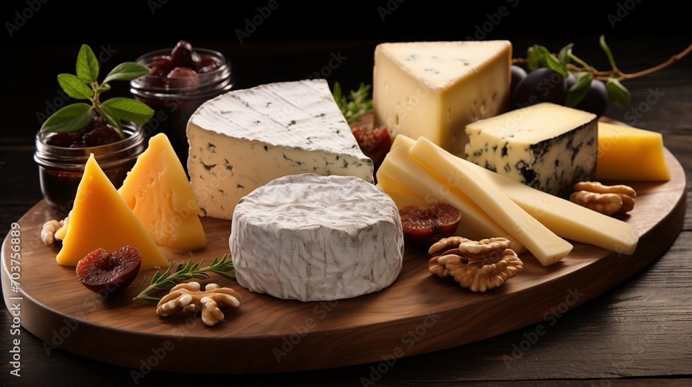 Assorted artisanal cheeses on a wooden board