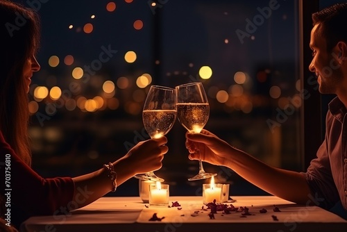 Romantic candlelight dinner for couple table setup at night. Man & Woman hold glass of Champaign. Concept for valentine's day or date.