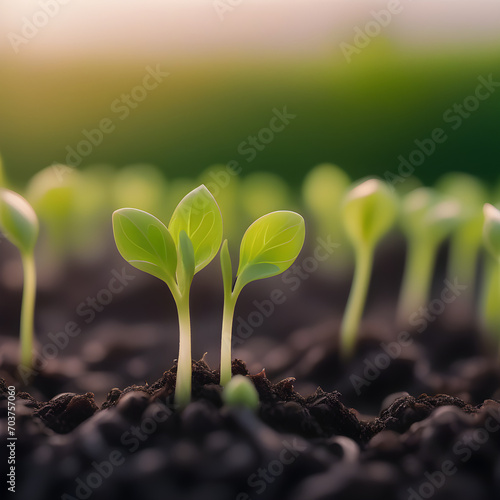 green small sprouts sprouting in the soil, vegetable garden, seedlings, dawn, morning