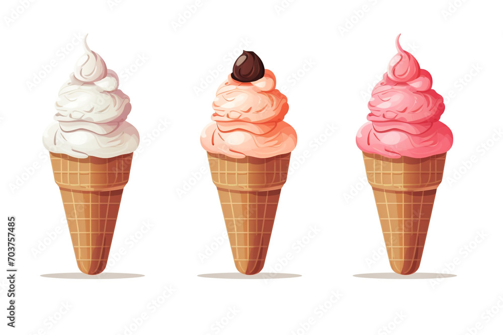 illustration of an ice cream set. Different types and tastes of cold desserts cups cones soft serve bars sticks popsicles frozen juice in waffles and on sticks. Vintage hand-drawn style generative ai