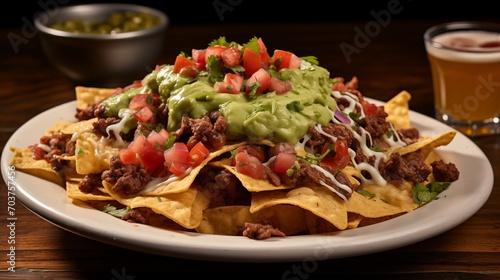 A plate of classic beef nachos with melted cheese and guacamole