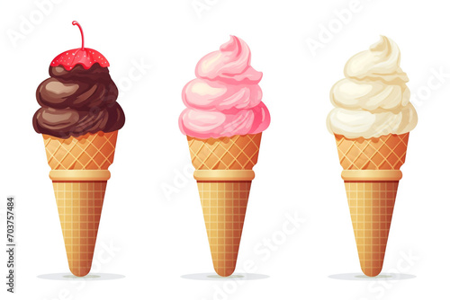 illustration of an ice cream set. Different types and tastes of cold desserts cups cones soft serve bars sticks popsicles frozen juice in waffles and on sticks. Vintage hand-drawn style generative ai