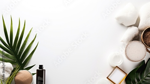 natural cosmetics, ingredients and bathroom or spa accessories arranged on white banner background photo