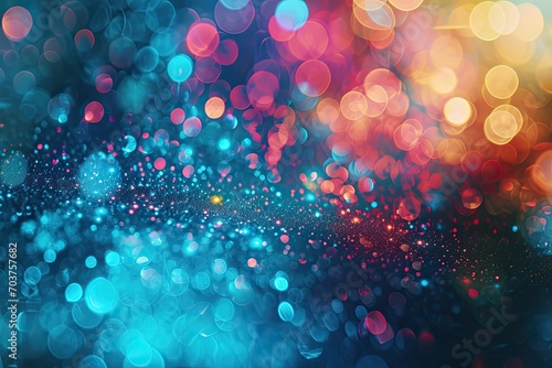 Abstract background with bright highlights of light. Dark background with blue, orange and pink round light spots, side panels of different colors 