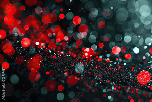 Abstract background with bright highlights of light. Dark background with red and silver round light spots, bokeh of different colors 