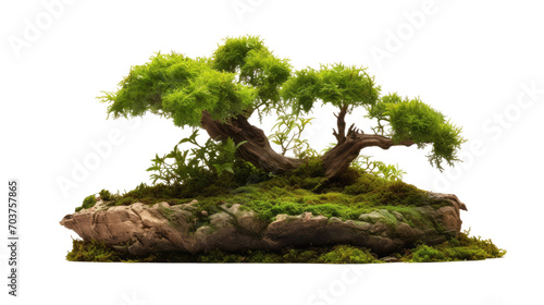 Tree trunk on moss covered ground, miniature bonsai tree on white transparent background 