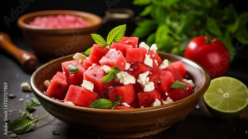 A bowl of refreshing watermelon and feta salad