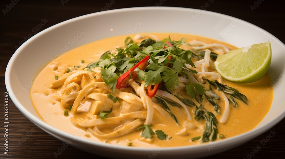 A bowl of spicy Thai coconut curry with noodles