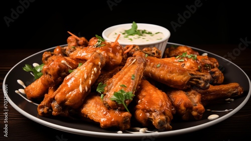 A plate of barbecue chicken wings with ranch dressing for dipping