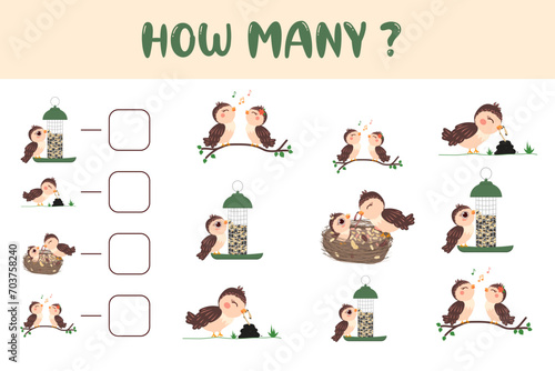 How many Children's game with vector elements of birds. Development of numeracy and attention skills, page of cartoon riddles. Worksheet on mathematics for children of kindergarten, school, preschool 