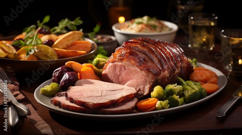 A festive Easter dinner with glazed ham and roasted vegetables