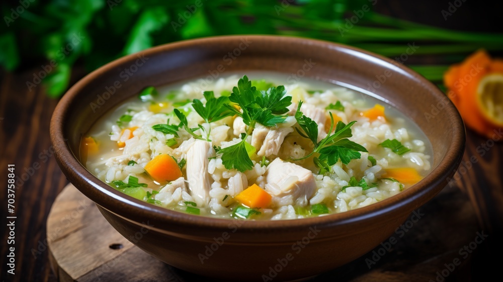 A bowl of classic chicken and rice soup with vegetables